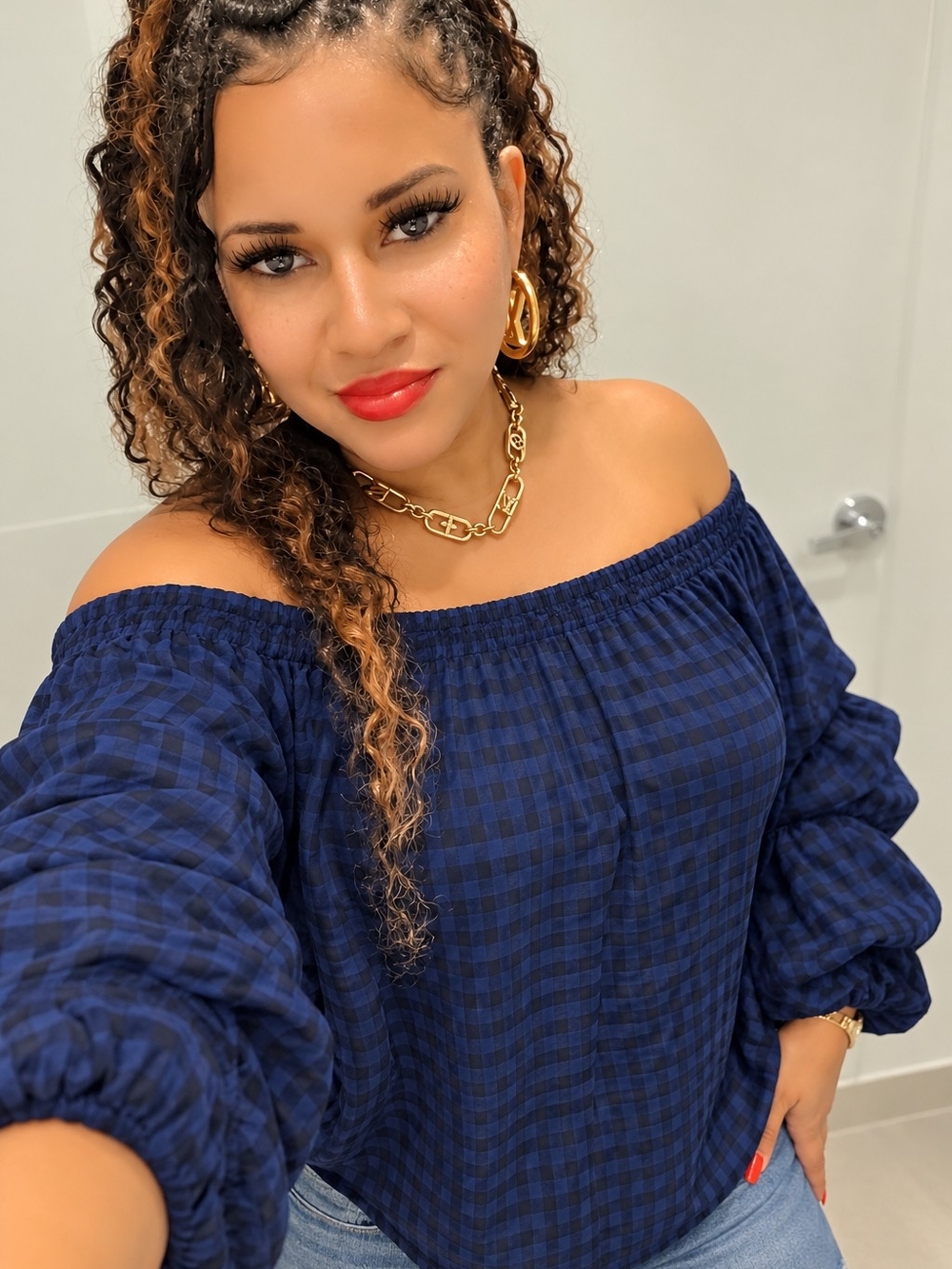 Off-Shoulder Navy Check Ruffle Sleeve Top - Picture 2 of 2